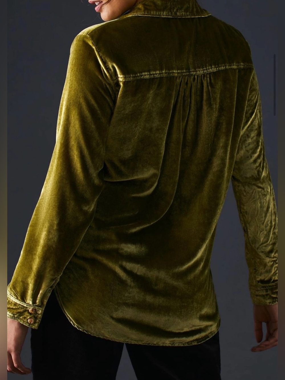 Pilcro Olive Green Velvet Button-Down Shirt - Size S - Picture 3 of 7